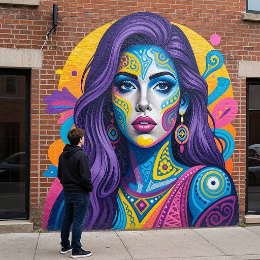 Vibrant mural of a purple-haired woman with colorful abstract patterns on a brick wall, observed by a man in black.