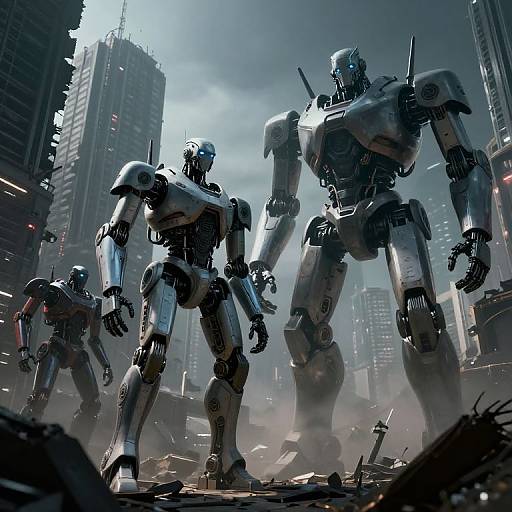 Digital CGI of three futuristic, silver robotic warriors standing in a dystopian, ruined cityscape with tall, damaged skyscrapers and smoky sky.