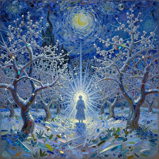 Digital painting of a glowing figure in a starburst light, surrounded by snow-covered, leafless trees under a swirling blue and yellow night sky.