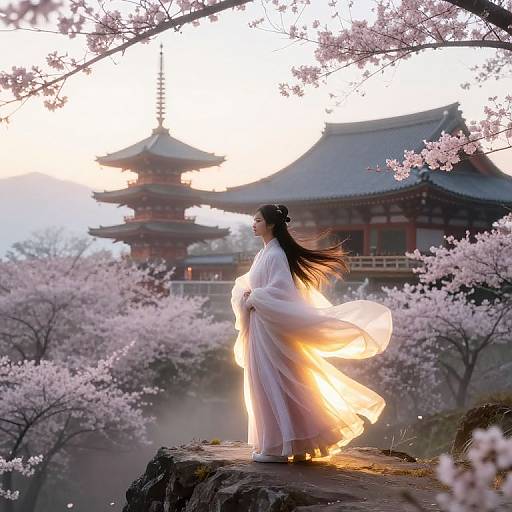 Photograph of a serene Asian woman in a flowing white kimono, standing on a rock amidst cherry blossoms, with a traditional Japanese temple in the