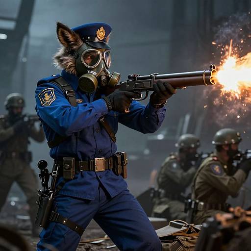Furry Officer in Blue Uniform with Gas Mask Firing Shotgun