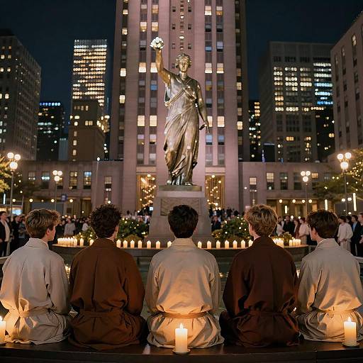 Nighttime Cityscape with Boys and Statues