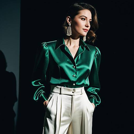 Elegant Woman in Emerald Satin Blouse and Ivory Trousers