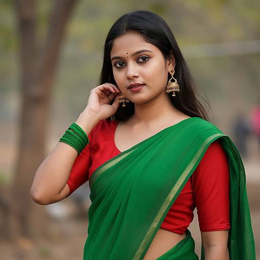 Photograph of an Indian woman with medium-brown skin, black hair, wearing a green saree over a red blouse, gold earrings, and green