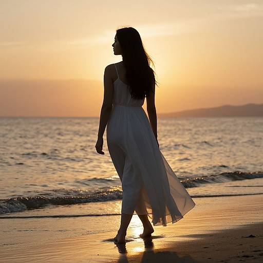 Silhouetted woman in flowing white dress walks on beach at sunset, with golden sunlight reflecting off ocean waves. Photographic image.