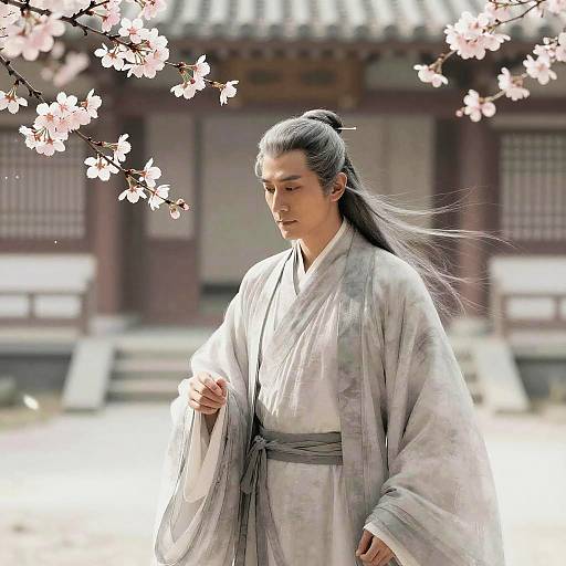 Photograph of a serious-looking Asian man in a white kimono with long black hair tied in a topknot, standing under cherry blossoms in