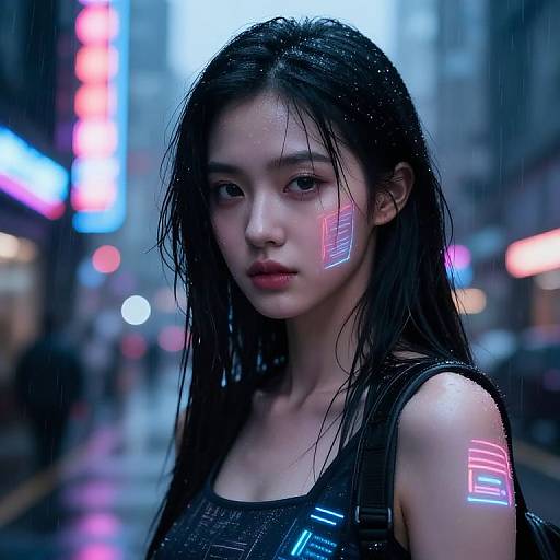 Cyberpunk city street photograph of a wet, Asian woman with long black hair, neon barcode tattoos, and glowing lights in the background.