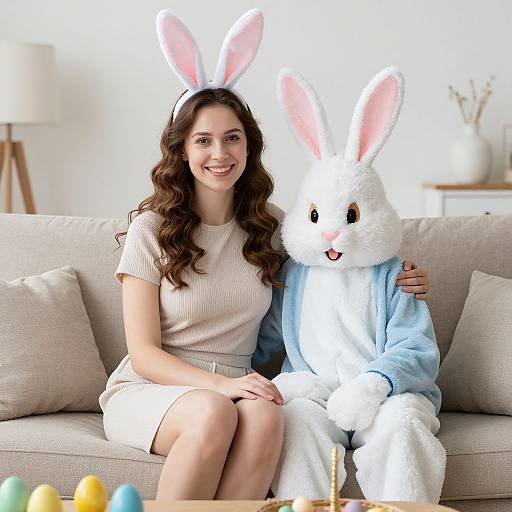 Photograph of a smiling woman with long brown hair in a white dress, sitting on a beige couch with a person in a white bunny costume wearing a