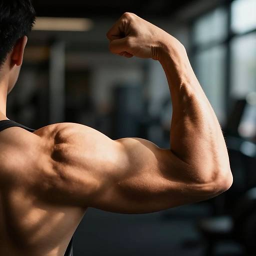 Photograph of a muscular man with tanned skin, flexing his right bicep in a dimly lit gym, highlighting defined muscles and a