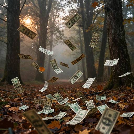 Photograph of floating dollar bills in a foggy, autumn forest with fallen leaves, tall trees, and sunlight filtering through the branches.