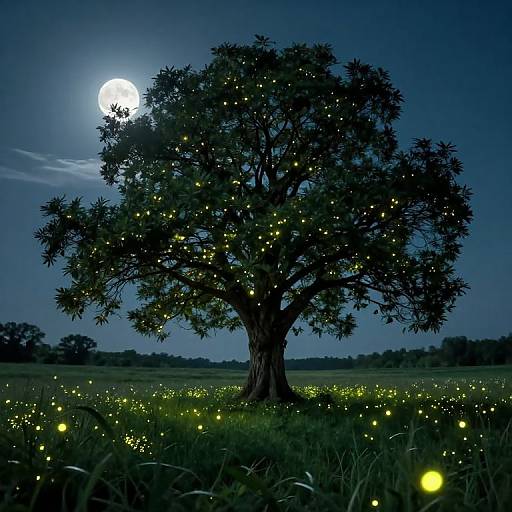 Photograph of a silhouetted tree with glowing fireflies under a full moon in a dark, grassy field at night.