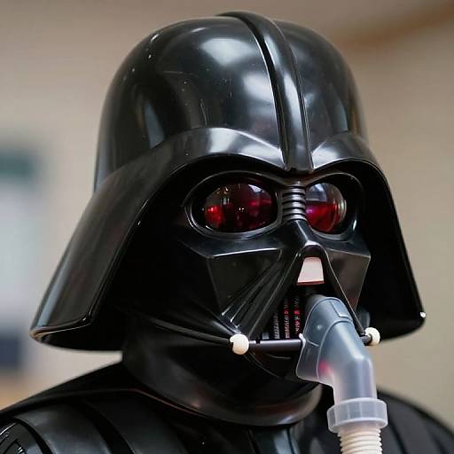 Photograph of a person wearing a glossy black Darth Vader helmet with red lenses, black mask, and breathing apparatus, against a blurred beige background.