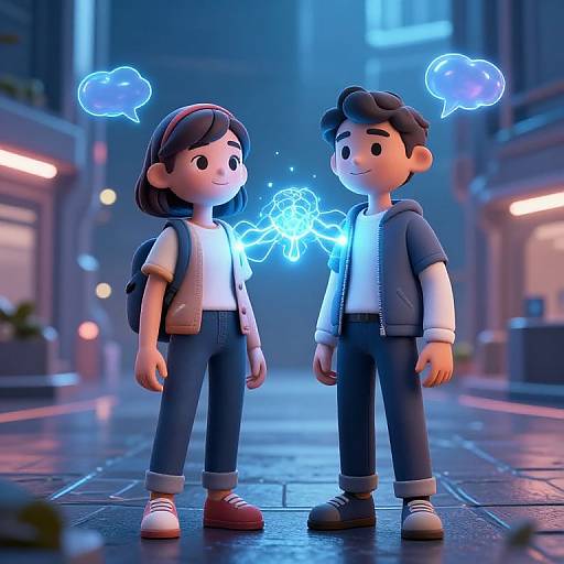 CGI cartoon image of a boy and girl standing on a neon-lit street, both with glowing blue thought bubbles, wearing casual clothes, backpack,