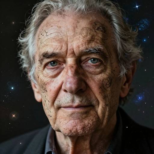 Photograph of an elderly man with gray, curly hair and weathered skin, illuminated against a starry background with whimsical line art on his face
