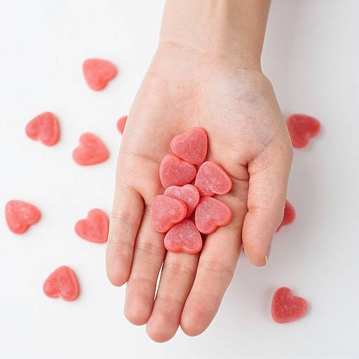 Photograph of a pale-skinned hand holding pink, sugary heart-shaped candies against a white background with scattered pink hearts.