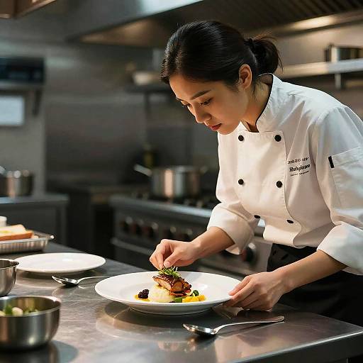Photograph of an Asian female chef in a white uniform, meticulously plating a gourmet dish with colorful ingredients in a modern, stainless steel kitchen.