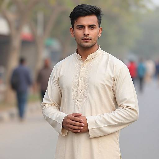 Photograph of a young South Asian man with short black hair, light brown skin, wearing a white traditional long kurta, standing on a blurred street