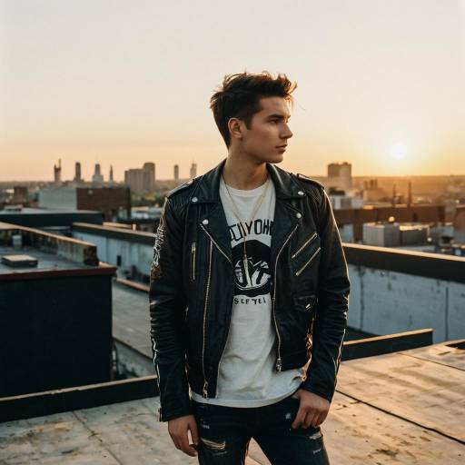 Young man on urban rooftop at sunset