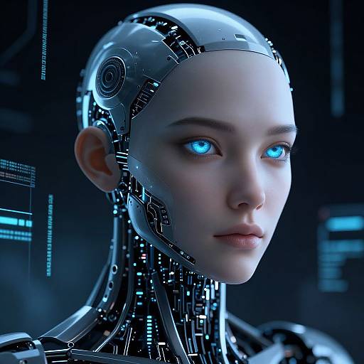 Photorealistic CGI of a cybernetic woman with glowing blue eyes, metallic head, and exposed mechanical neck and shoulders, set against a dark,