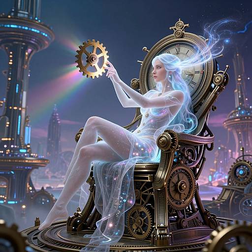 Digital art of a pale, ethereal woman with glowing blue hair, seated on a steampunk throne, holding a gear, in a futuristic,