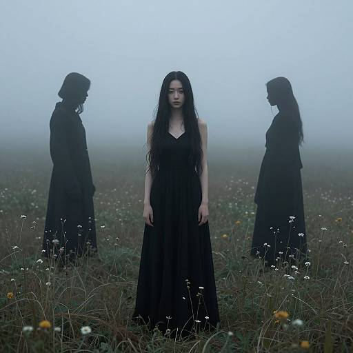 Photograph of three pale, long-haired women in black dresses standing in a foggy field with wildflowers, two flanking the central figure.