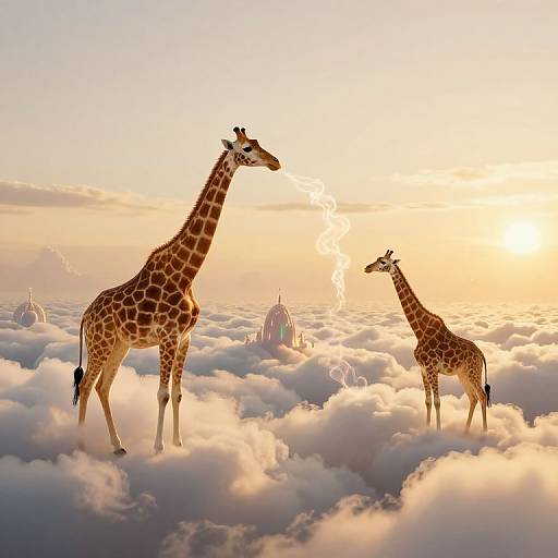 Photograph of two giraffes standing on a sea of fluffy clouds at sunset, with city skyscrapers faintly visible in the background.