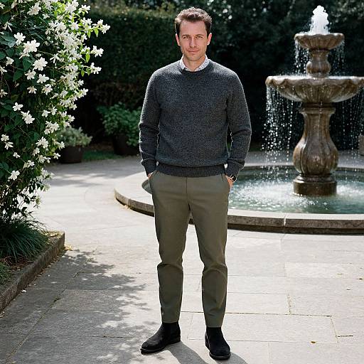 Photograph of a young man with short brown hair, wearing a gray sweater, olive pants, and black shoes, standing in front of a fountain in