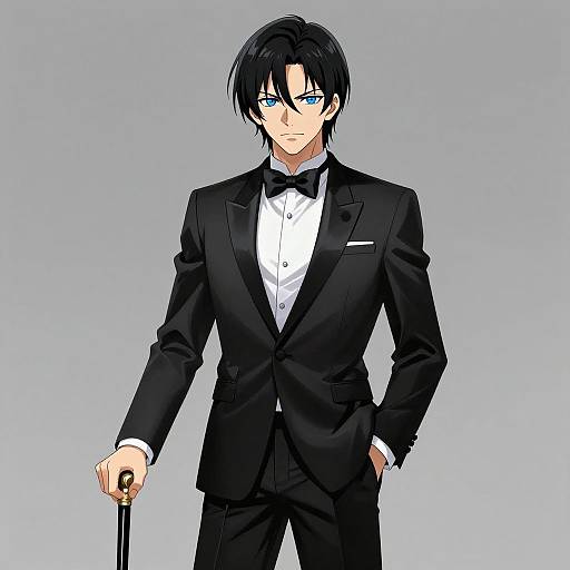 Anime-style digital drawing of a handsome, black-haired man in a black tuxedo with bow tie, holding a cane, standing against a gray background