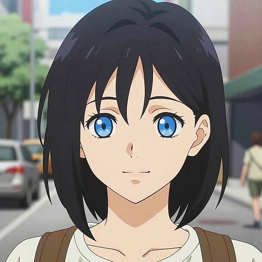 Anime-style digital drawing of a young woman with black hair, blue eyes, and fair skin, smiling on a city street.