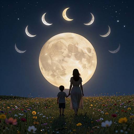 Silhouetted woman and child holding hands, walking through a field of flowers, gazing at a glowing full moon and crescent stars in a