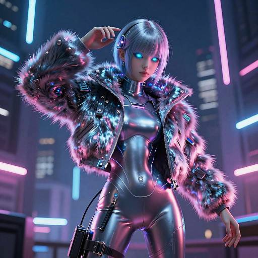 Neon-lit cyberpunk scene: woman with glowing blue eyes, silver bob, wearing metallic bodysuit and furry jacket with pink and purple LED