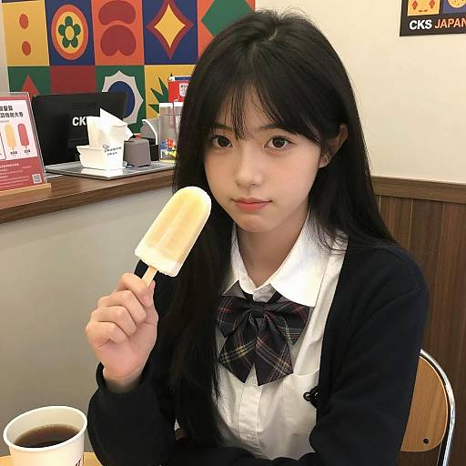 Asian Woman Eating Popsicle in Cafe