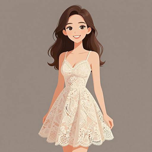 Anime-style digital illustration of a smiling woman with long brown hair, wearing a white lace, spaghetti-strap, sleeveless dress, against a gray background