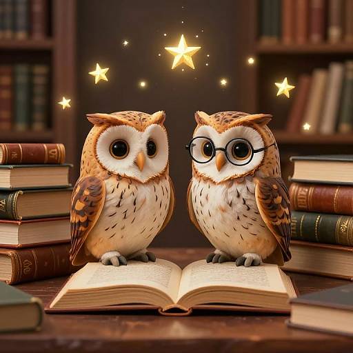 Photograph-style digital illustration of two owls, one with glasses, sitting on an open book surrounded by stacked books, glowing stars in a library background