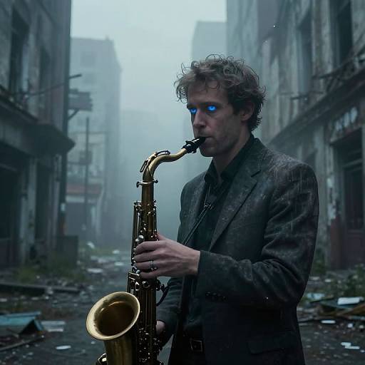 Photograph of a blue-eyed, curly-haired man in a worn suit playing a saxophone in a foggy, abandoned urban alleyway.
