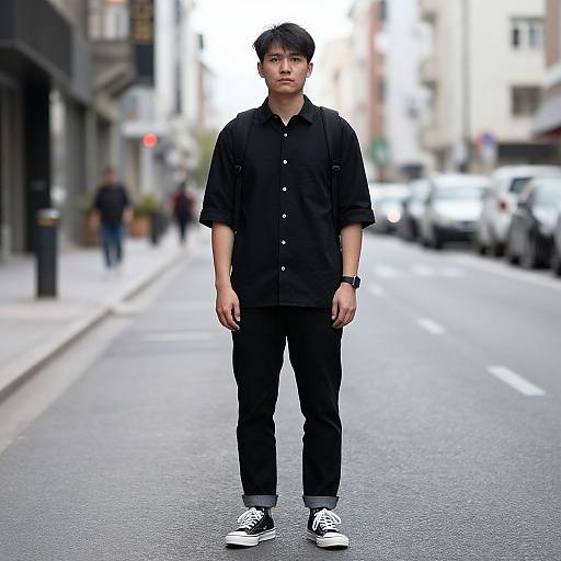Photograph of an Asian man in a black button-up shirt, black pants, and black sneakers standing on a blurred urban street.