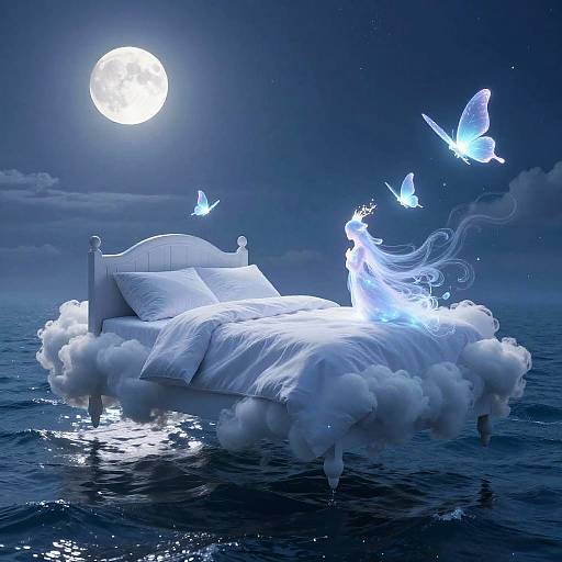 Floating Cloud Bed Over Ocean at Night