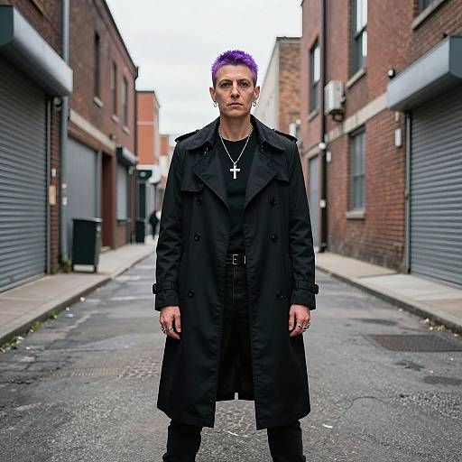 Photograph of a pale-skinned man with short, vibrant purple hair, wearing a long black coat, black shirt, cross necklace, standing in an