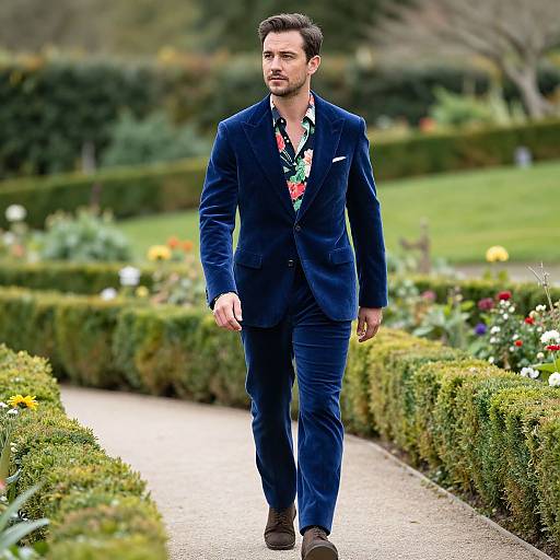 Photograph of a handsome, bearded man in a navy blue velvet suit with a colorful floral shirt, walking through a lush, colorful garden path.