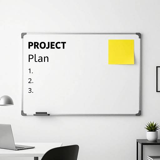 Photograph of a modern office with whiteboard displaying 