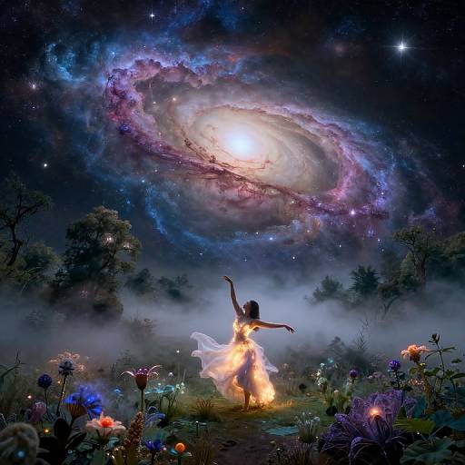 Digital art of a silhouetted dancer in a glowing dress, arms raised, under a radiant, colorful galaxy with a starry night sky,