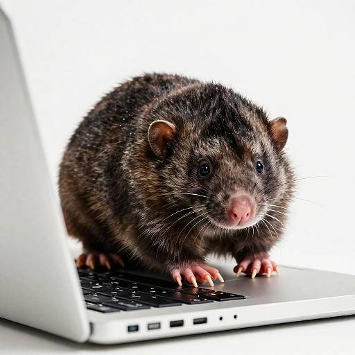 Photograph of a brown, furry, pink-nosed opossum standing on a silver laptop keyboard against a white background.