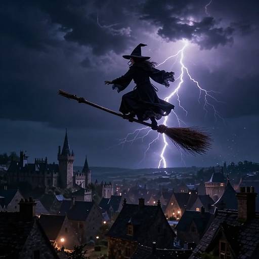 Silhouetted witch on broomstick flying over stormy, lightning-struck medieval town at night, with dark, gothic-style buildings in