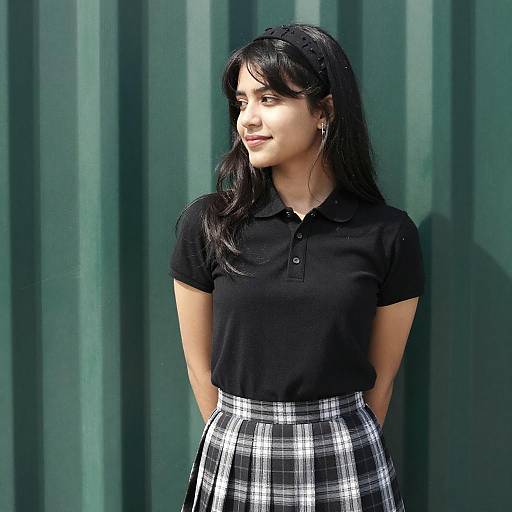 Young Woman Against Green Metal Wall