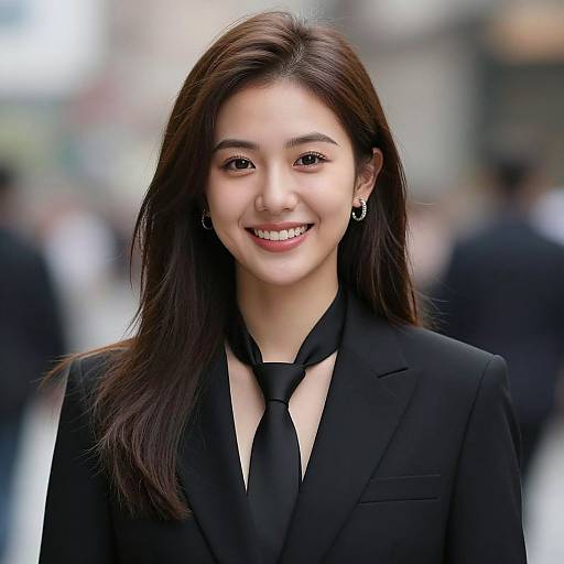 Photograph of a smiling Asian woman with long dark hair, wearing a black suit and tie, standing in a blurred urban background.