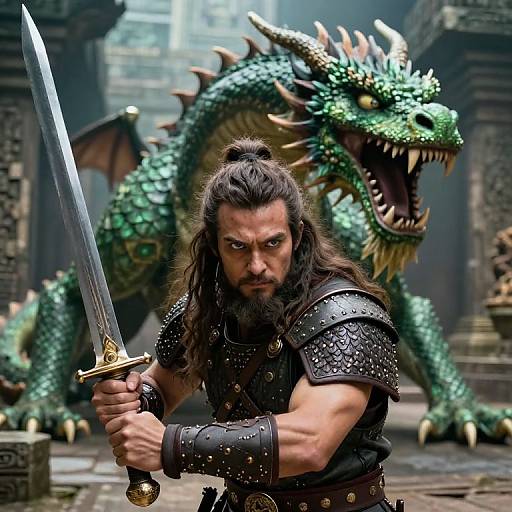 Photorealistic CGI: Muscular warrior with long black hair, beard, and green armor faces fierce green dragon, holding sword in ancient stone temple.