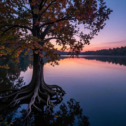 Photograph of a tree with exposed roots reflected in a calm lake at sunset, featuring vibrant orange, pink, and purple skies.