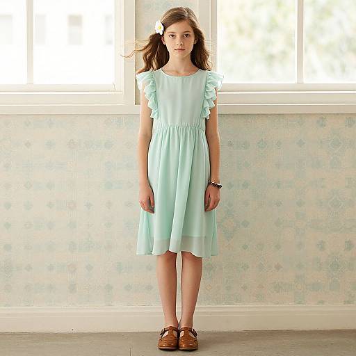 Photograph of a young girl with light brown hair in pigtails, wearing a pastel mint dress, brown sandals, standing in a bright room