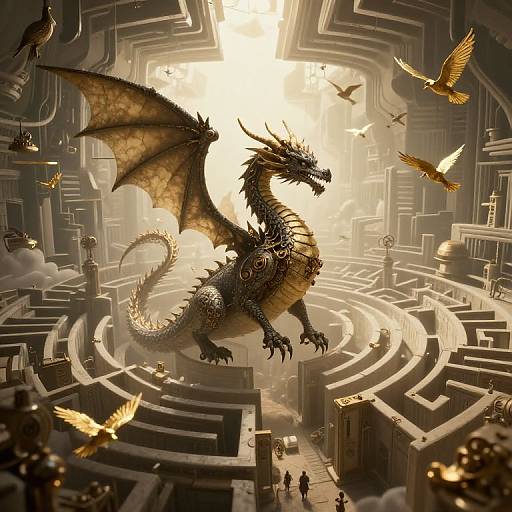 Digital art of a majestic, black-scaled dragon with golden wings soaring in a futuristic, sunlit maze, surrounded by flying golden birds.