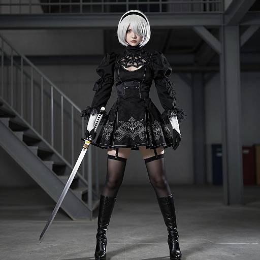 Gothic Cosplayer with Katana in Shadow